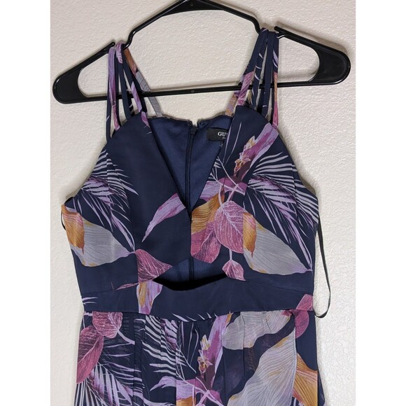 GUESS Dress 4 Tropical Print Chiffon High-Low Maxi Strappy Keyhole Navy Blue - Picture 4 of 13